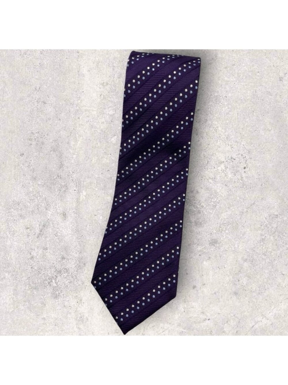 ALCIONE Silk Tie ITALY Purple Blue White Striped Polka Dot W:3.6" EUC